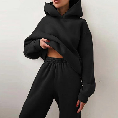 Trening pentru femei, ocazional, fitness, cu glugă, costum sport cu mânecă lungă, toamnă, iarnă, hanorace caldă, pantaloni lungi, fleece, seturi de 2 piese