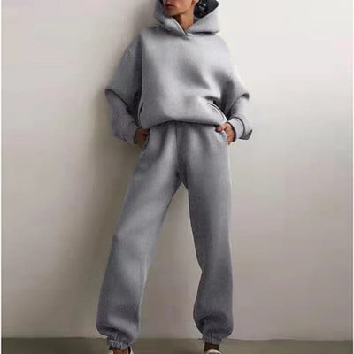 Trening pentru femei, ocazional, fitness, cu glugă, costum sport cu mânecă lungă, toamnă, iarnă, hanorace caldă, pantaloni lungi, fleece, seturi de 2 piese