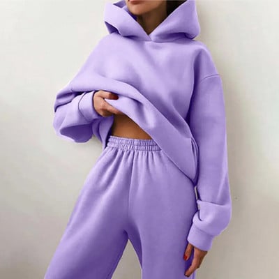 Trening pentru femei, ocazional, fitness, cu glugă, costum sport cu mânecă lungă, toamnă, iarnă, hanorace caldă, pantaloni lungi, fleece, seturi de 2 piese