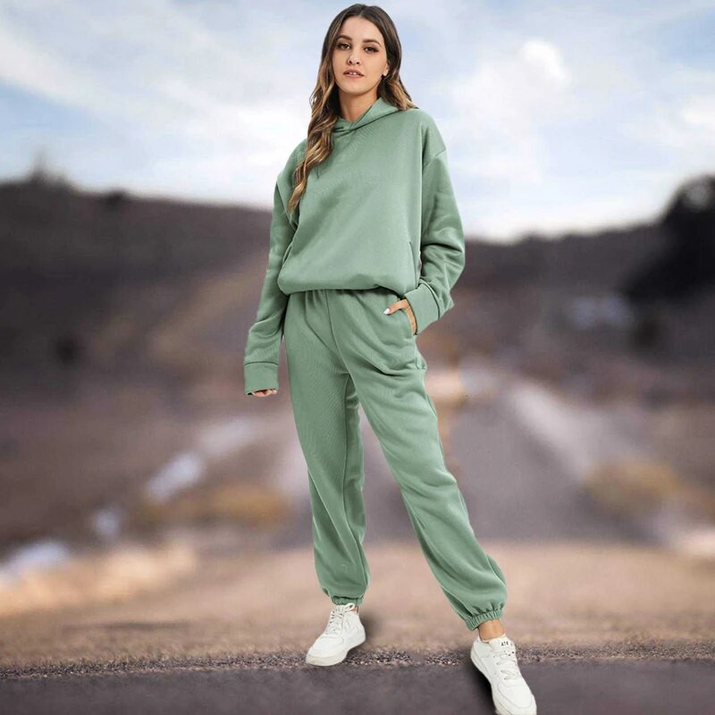 Moteriškas sportinis kostiumas laisvalaikio kūno rengybai su gobtuvu ilgomis rankovėmis sportinis kostiumas rudens žiemos šiltas džemperis Megztiniai ilgos kelnės, vilnos 2 dalių rinkiniai