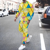 Geometrická potlač, trendy jesenné pánske športové oblečenie, originálne nohavice s dlhým rukávom, prešívané farebné 3D potlače, športový oblek pre mužov