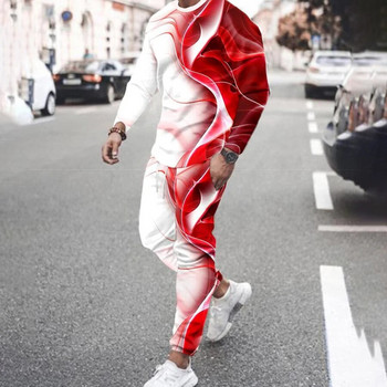 Γεωμετρική PrintTrend Φθινοπωρινά ανδρικά αθλητικά Αυθεντικά μακρυμάνικα παντελόνια με έγχρωμη ραφή τρισδιάστατη εκτύπωση Streetwear αθλητικό κοστούμι