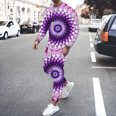 Geometrická potlač, trendy jesenné pánske športové oblečenie, originálne nohavice s dlhým rukávom, prešívané farebné 3D potlače, športový oblek pre mužov