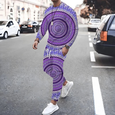 Geometrická potlač, trendy jesenné pánske športové oblečenie, originálne nohavice s dlhým rukávom, prešívané farebné 3D potlače, športový oblek pre mužov
