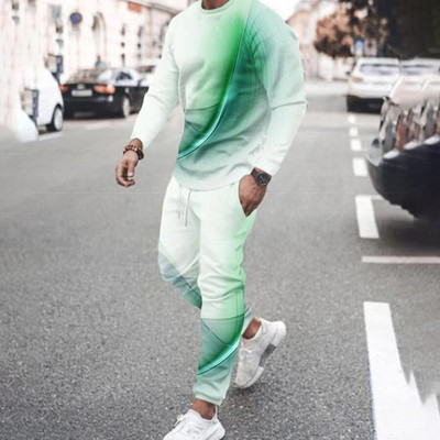 Geometrická potlač, trendy jesenné pánske športové oblečenie, originálne nohavice s dlhým rukávom, prešívané farebné 3D potlače, športový oblek pre mužov