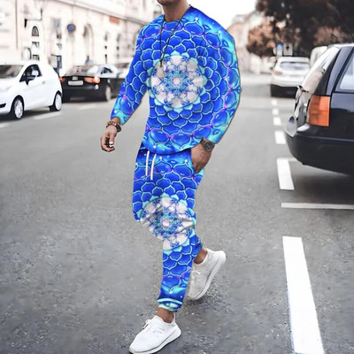 Geometrická potlač, trendy jesenné pánske športové oblečenie, originálne nohavice s dlhým rukávom, prešívané farebné 3D potlače, športový oblek pre mužov