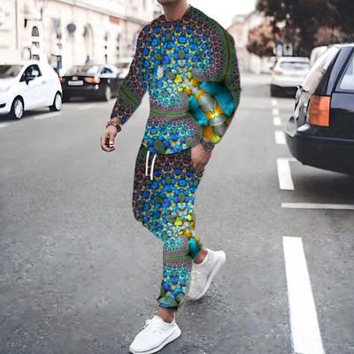 Geometrická potlač, trendy jesenné pánske športové oblečenie, originálne nohavice s dlhým rukávom, prešívané farebné 3D potlače, športový oblek pre mužov