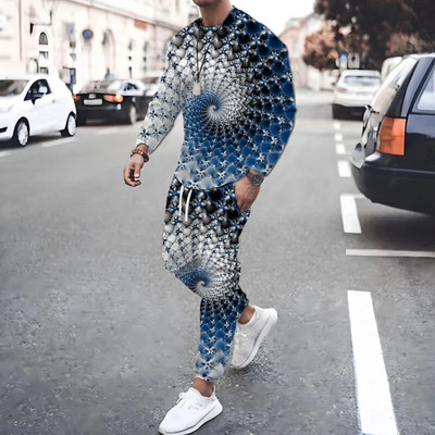 Geometrická potlač, trendy jesenné pánske športové oblečenie, originálne nohavice s dlhým rukávom, prešívané farebné 3D potlače, športový oblek pre mužov