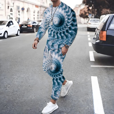 Geometrická potlač, trendy jesenné pánske športové oblečenie, originálne nohavice s dlhým rukávom, prešívané farebné 3D potlače, športový oblek pre mužov