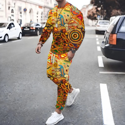 Geometrická potlač, trendy jesenné pánske športové oblečenie, originálne nohavice s dlhým rukávom, prešívané farebné 3D potlače, športový oblek pre mužov