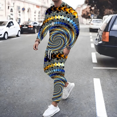 Geometrická potlač, trendy jesenné pánske športové oblečenie, originálne nohavice s dlhým rukávom, prešívané farebné 3D potlače, športový oblek pre mužov