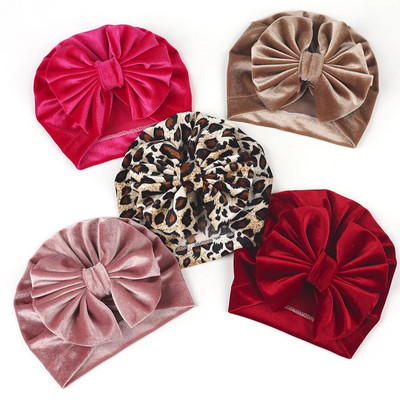 Pălărie cu turban pentru nou-născut cu imprimeu leopard, catifea, cu arc de păr mare, pentru fetițe, iarnă, toamnă, pălărie caldă, pălărie pentru copii, gogoși, pălărie pentru copii