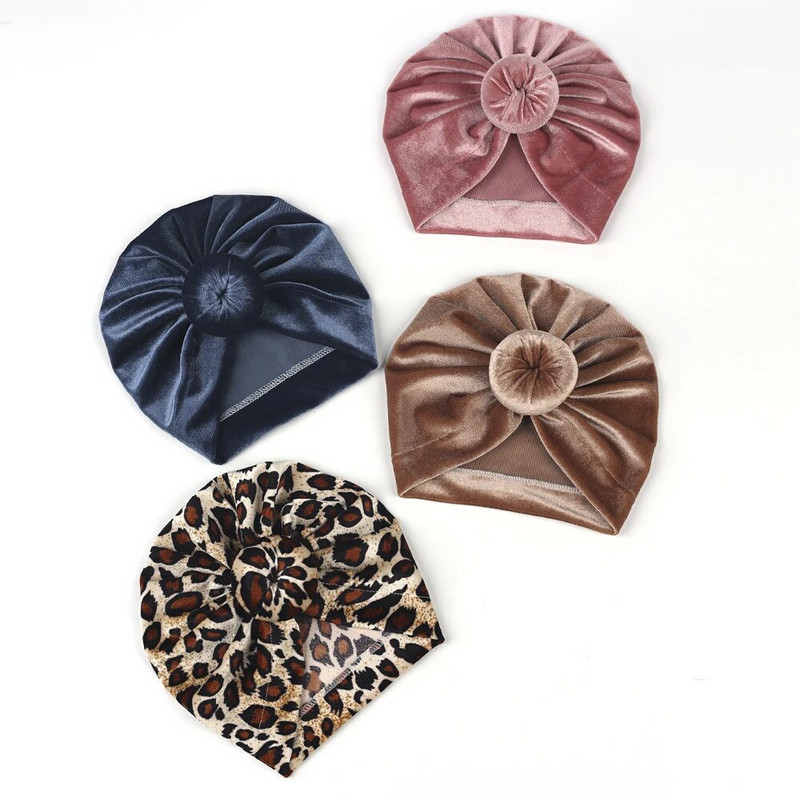 Шапка с тюрбан за новородено с леопардов принт, кадифена голяма панделка за глава за бебета, момичета, зима, есен, топла шапка, детска шапка с поничка, детска шапка