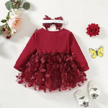 Бебешки рокли за момичета Пролетна есенна рокля за момичета Детска бебешка сладка рокля на принцеса Детска мода за момиче Мрежеста рокля с пеперуди за новородени