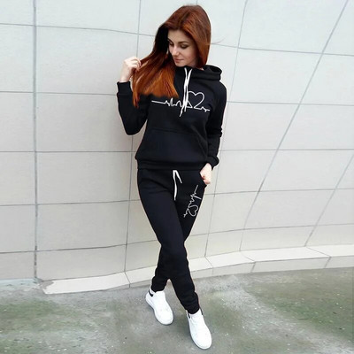 Trening casual din 2 piese pentru femei, cu glugă, cu mânecă lungă, sport, pentru toamnă, hanorace calde și pantaloni lungi, din lână