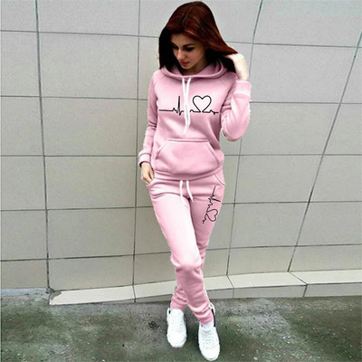 Trening casual din 2 piese pentru femei, cu glugă, cu mânecă lungă, sport, pentru toamnă, hanorace calde și pantaloni lungi, din lână
