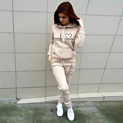 Trening casual din 2 piese pentru femei, cu glugă, cu mânecă lungă, sport, pentru toamnă, hanorace calde și pantaloni lungi, din lână