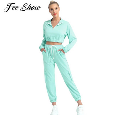 Women Casual Sweet Sports Yoga Set 2Pcs Running Sport Suit Two Piece Tracksuits Gym Clothes Stand Collar Long Sleeve Sportswear