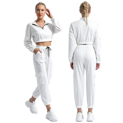 Set de yoga sport dulci ocazional pentru femei, 2 buc, costum sport pentru alergare, trening din două piese, haine de gimnastică, guler în picioare, îmbrăcăminte sport cu mânecă lungă
