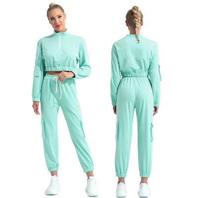 Set de yoga sport dulci ocazional pentru femei, 2 buc, costum sport pentru alergare, trening din două piese, haine de gimnastică, guler în picioare, îmbrăcăminte sport cu mânecă lungă