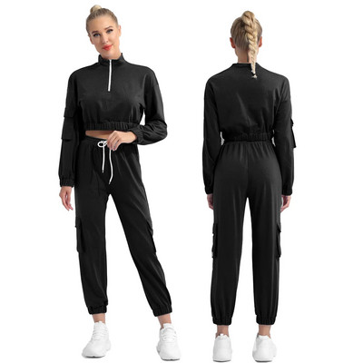 Set de yoga sport dulci ocazional pentru femei, 2 buc, costum sport pentru alergare, trening din două piese, haine de gimnastică, guler în picioare, îmbrăcăminte sport cu mânecă lungă