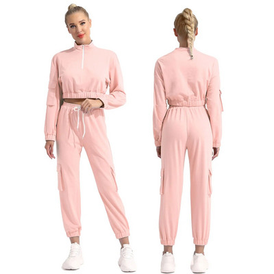 Set de yoga sport dulci ocazional pentru femei, 2 buc, costum sport pentru alergare, trening din două piese, haine de gimnastică, guler în picioare, îmbrăcăminte sport cu mânecă lungă