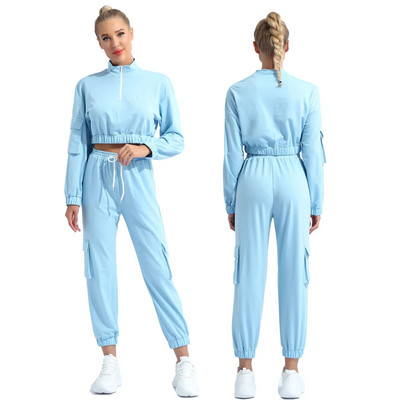 Set de yoga sport dulci ocazional pentru femei, 2 buc, costum sport pentru alergare, trening din două piese, haine de gimnastică, guler în picioare, îmbrăcăminte sport cu mânecă lungă