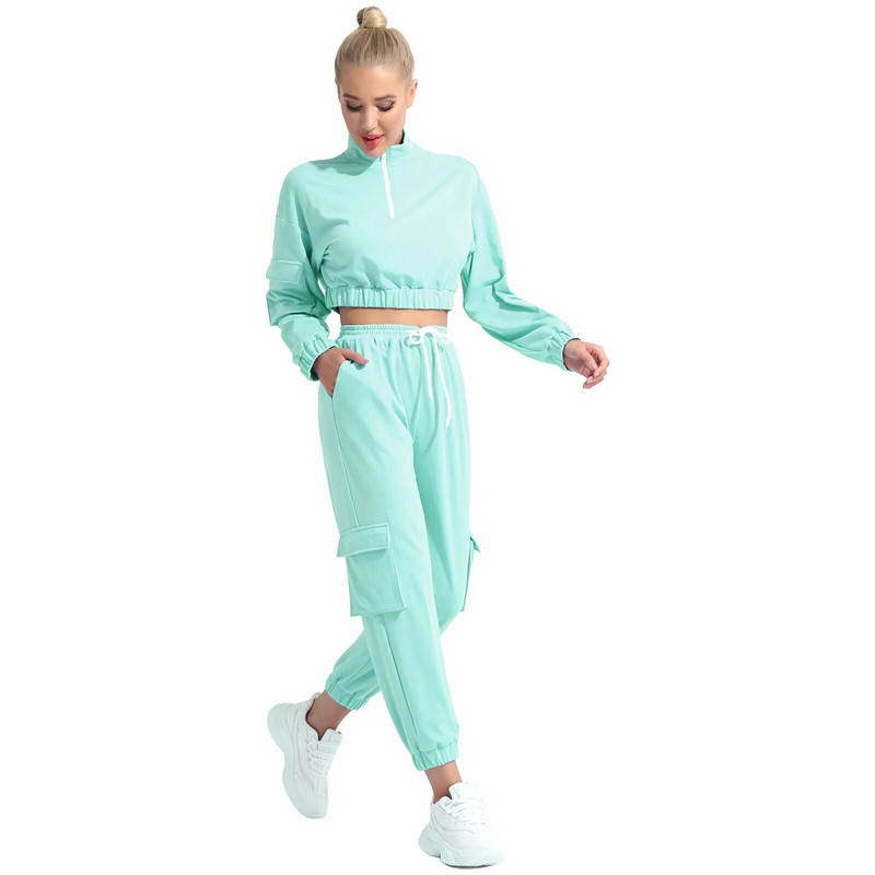 Moterų laisvalaikio saldus sportinis jogos rinkinys 2 vnt bėgimo sportinis kostiumas, dviejų dalių sportiniai kostiumai, sporto salės drabužiai, stovas apykakle, ilgomis rankovėmis, sportinė apranga