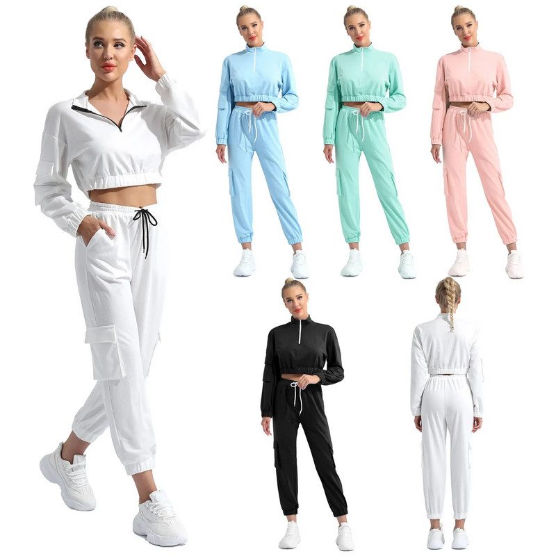 Moterų laisvalaikio saldus sportinis jogos rinkinys 2 vnt bėgimo sportinis kostiumas, dviejų dalių sportiniai kostiumai, sporto salės drabužiai, stovas apykakle, ilgomis rankovėmis, sportinė apranga