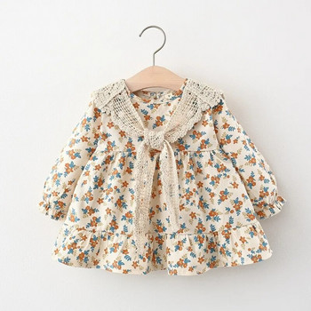 Пролетни дрехи за новородено момиченце Рокля с дълъг ръкав на цветя за момичета Бебешки дрехи Рокля на принцеса за 1 година рожден ден + дантелен шал