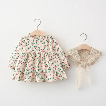 Ανοιξιάτικα ρούχα για νεογέννητο κοριτσάκι λουλουδάτο μακρυμάνικο φόρεμα για κοριτσίστικα βρεφικά ρούχα Φόρεμα πριγκίπισσας γενεθλίων 1 έτους + σάλι δαντέλας