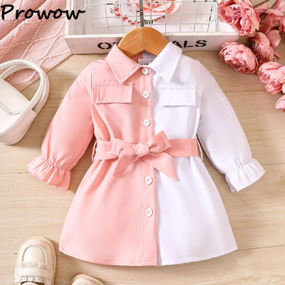 Prowow 3-24M Бебешки рокли за момичета с дълъг ръкав, есенно розово, бяло пачуърк рокля с колан за момиче, новородени бебешки дрехи
