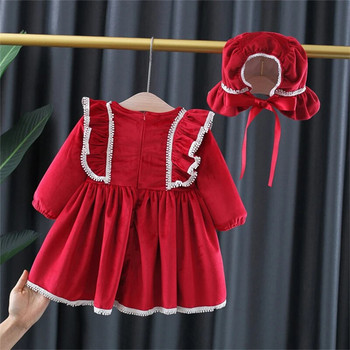 Зимни бебешки рокли от 2 части Дрехи за новородени момичета Сладко поларено топло с дълъг ръкав Червена рокля за малко дете на принцеса + шапка Детско облекло BC619
