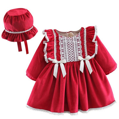 Зимни бебешки рокли от 2 части Дрехи за новородени момичета Сладко поларено топло с дълъг ръкав Червена рокля за малко дете на принцеса + шапка Детско облекло BC619