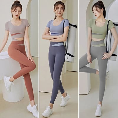 Női 2 db tornatermi szett Sport Crop Top melltartó Futó Fitness Jóga Öltöny Sport Felszerelés Tornaruha Női Edzőruházat Magas derekú Leggings