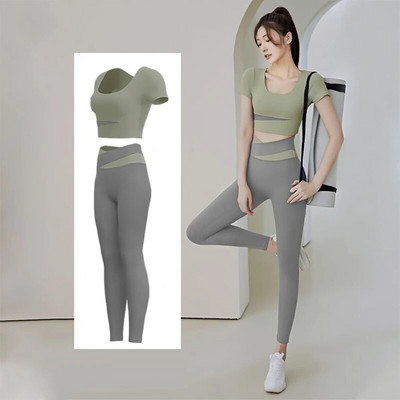 Set de gimnastică pentru femei, 2 bucăți, sutien crop top pentru alergare, fitness, costum de yoga, ținută sportivă, îmbrăcăminte de sport, haine de antrenament pentru femei, jambiere cu talie înaltă