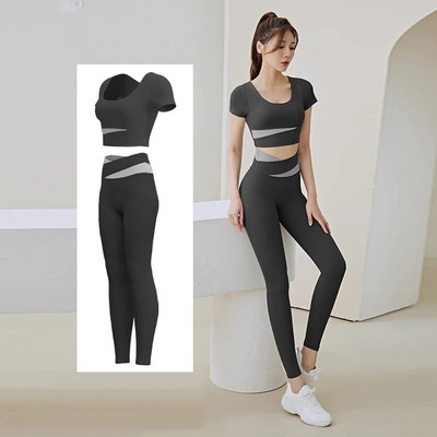 Set de gimnastică pentru femei, 2 bucăți, sutien crop top pentru alergare, fitness, costum de yoga, ținută sportivă, îmbrăcăminte de sport, haine de antrenament pentru femei, jambiere cu talie înaltă