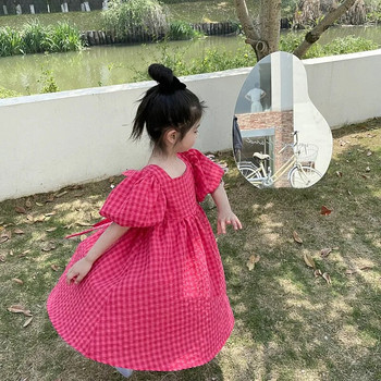 Момичета Hubble-bubble Sleeve Sweet Dress Summer Children Baby Kids Brim Bowknot Princess Party Dress Vestidos