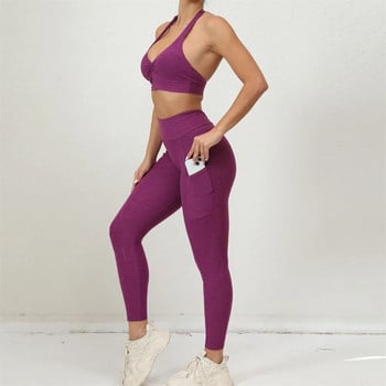 2024 1/2 ΤΕΜ. Πίσω Lycra Pad Pocket Halter Sport σουτιέν Σετ για γιόγκα Squat Proof Scrunch leging Παντελόνι γυμναστικής γυμναστικής Active Suits