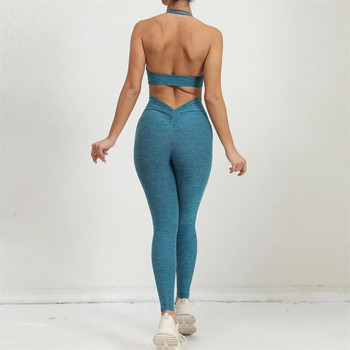 2024 1/2PCS V Back Lycra Pad Pocket Halter Спортен сутиен Комплект за йога Устойчив на клякане Скрънч Клинове Тренировъчен панталон Фитнес фитнес активни костюми