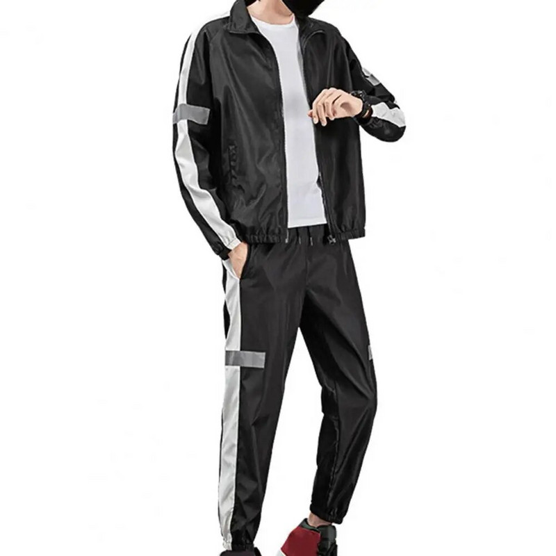 Palton Pantaloni Set Banda reflectorizanta Costum Sport Barbati Casual Inchidere Fermoar Tinuta Sportiva