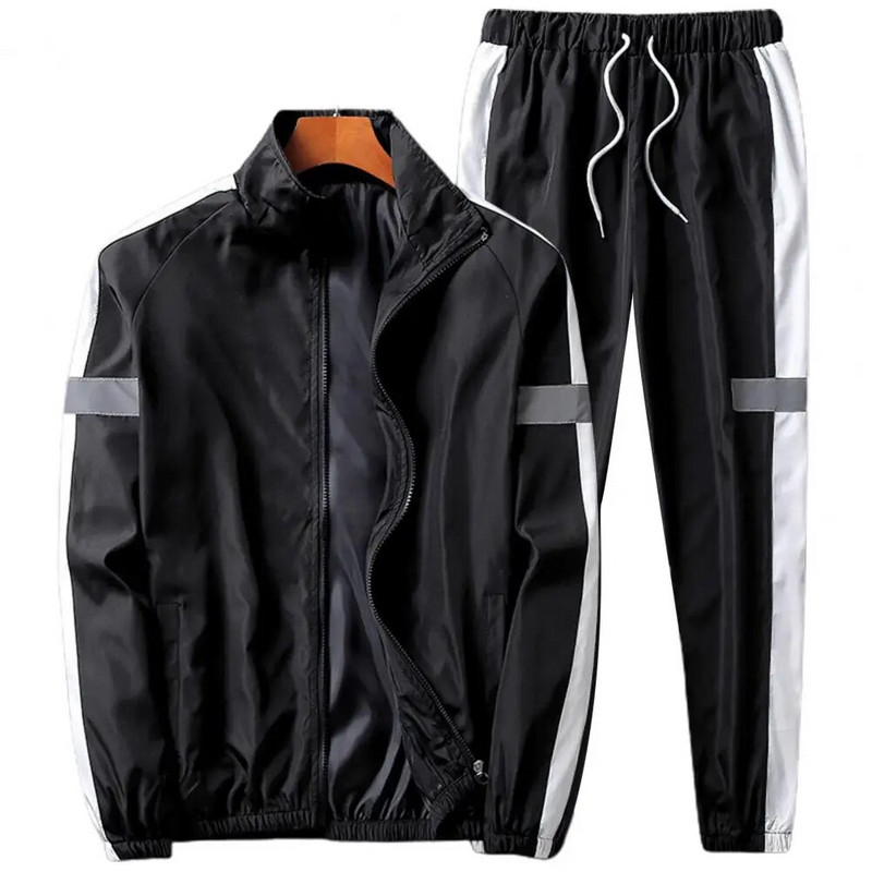 Palton Pantaloni Set Banda reflectorizanta Costum Sport Barbati Casual Inchidere Fermoar Tinuta Sportiva