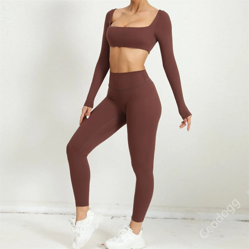 2024 1/2 buc. Nylon Pad Yoga Set Femei Pantaloni de antrenament Sport Sală de fitness Fitness cu mâneci lungi Crop Top Jambiere cu talie înaltă Costume active