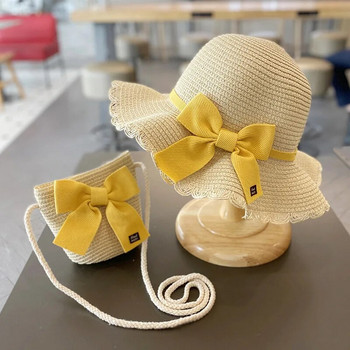 Лятна детска сламена шапка с панделка и чанта за момиче с чанта Baby Fisherman Sun Cap Bonnet Детска плажна шапка Panama за момичета