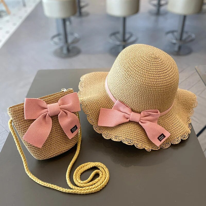 Vasaros vaikų mergaičių Bowknot Wave šiaudinė kepurė su krepšiu Baby Fisherman Sun Cap Bonnet Vaikiška Panamos paplūdimio kepurė mergaitėms