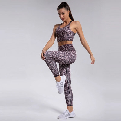 Costum de yoga leopard pentru fitness Femei Imbracaminte sport 2023 Haine de antrenament pentru femei Imbracaminte de gimnastica Tinuta sportiva Femei Set doua piese Purtare