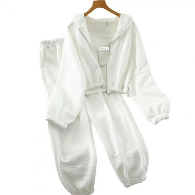 Costum de jogging cu buzunare, 3 piese, pentru femei, pentru toamnă, iarnă, sport, vestă, haină cu glugă, cu talie elastică, set de pantaloni de trening pentru activ