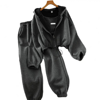 Costum de jogging cu buzunare, 3 piese, pentru femei, pentru toamnă, iarnă, sport, vestă, haină cu glugă, cu talie elastică, set de pantaloni de trening pentru activ