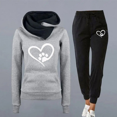 Sports Two-piece Suit Heart Print Sport Outfit Women`s Hooded Sweatshirt Jogger Pants Set for Autumn Winter Fitness with Front