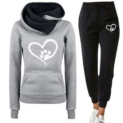 Costum sport din două piese ținută sport cu imprimeu inimă Hanorac cu glugă pentru femei Set pantaloni de jogging pentru toamnă iarnă fitness cu față